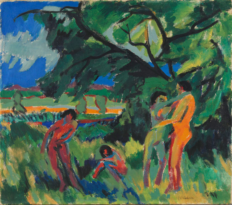 Expressionist painting in bright, contrasting colours (green, blue, red, orange). Depiction of four naked people in front of a landscape. Among them a man and a woman embracing each other, Ernst Ludwig Kirchner