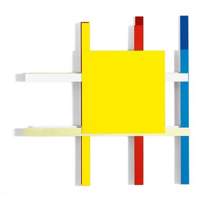 Wall object, geometric-abstract construction of painted rods (white, yellow, red, blue) and yellow square, Imi Knoebel, Sammlung Goetz, Munich