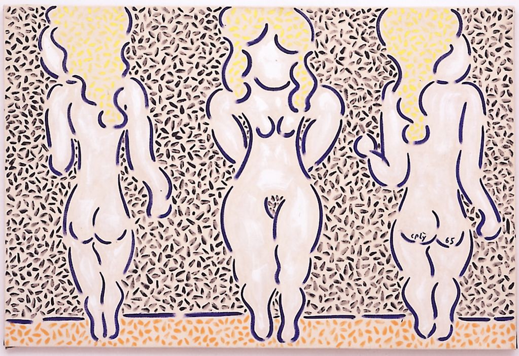 Diese Malerei zeigt drei comic-ähnliche, nackte Frauenfiguren, in der Mitte sehen wir eine Frau von vorne, während rechts und links beide von hinten zu betrachten.
