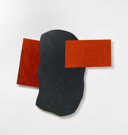 Wall object, abstract composition of irregularly shaped, red and black painted forms, Imi Knoebel, Sammlung Goetz, Munich