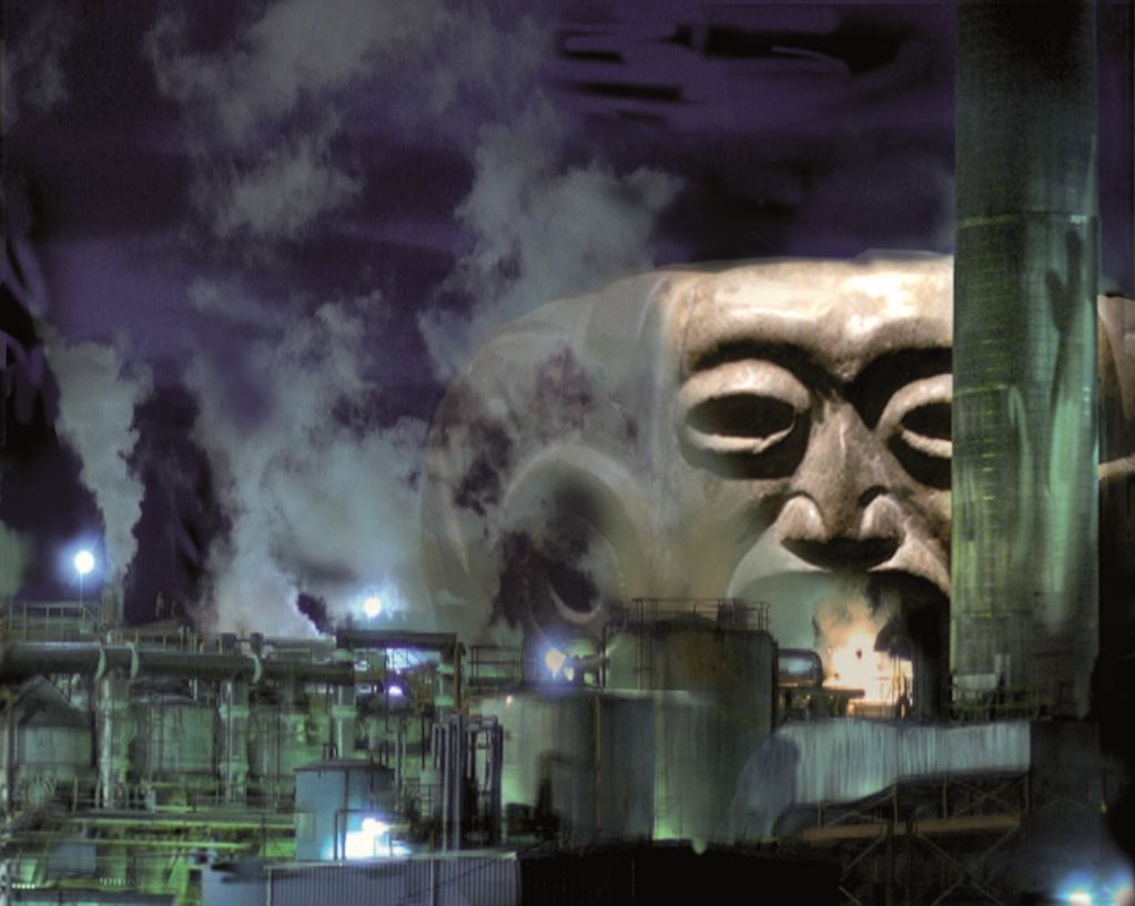 Dieses Filmstill bildet eine computergenerierte Collage bestehend aus einer archaischen Maske und einer Fabrik, aus deren Schloten Rauch entströmt, ab.